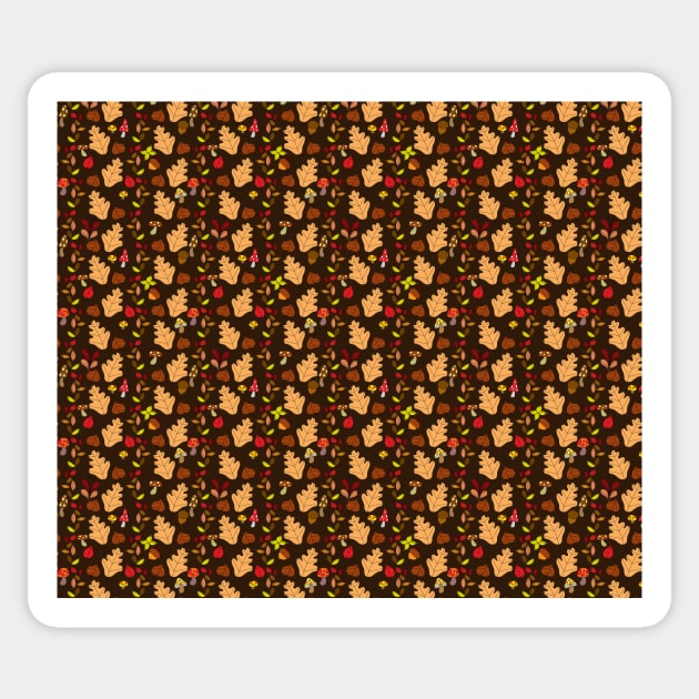 Dark Brown Autumn Leaves and Mushrooms Pattern Sticker by saradaboru